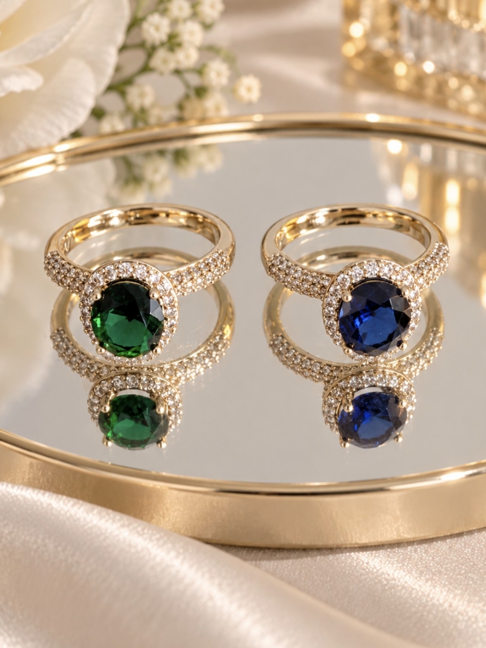 Gold Halo Ring with Green or Blue Gemstone - Elegant Women's Jewelry